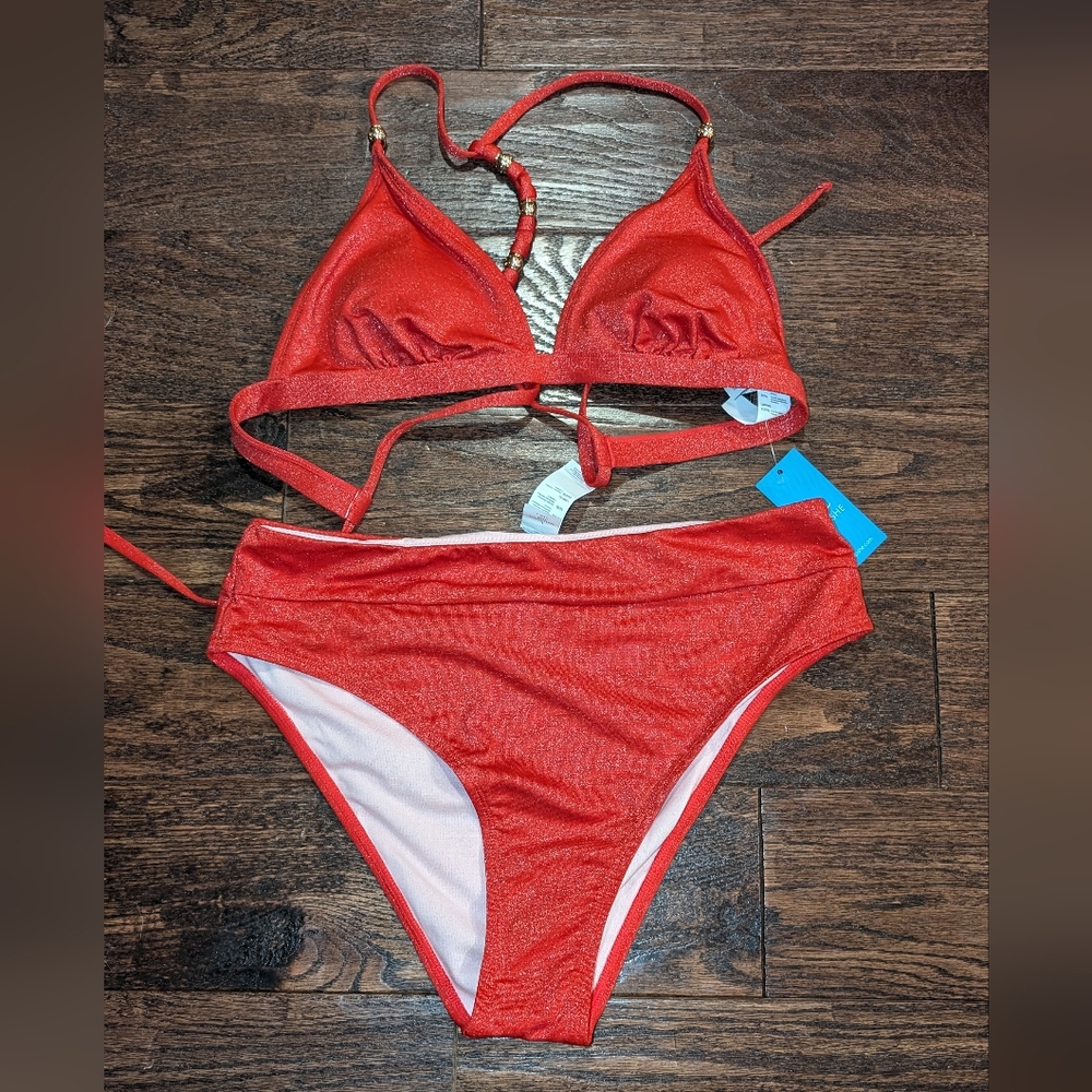 NWT Cupshe Red Sparkly Bikini High Waisted Cheeky Fit Triangle Top - Picture 6 of 9